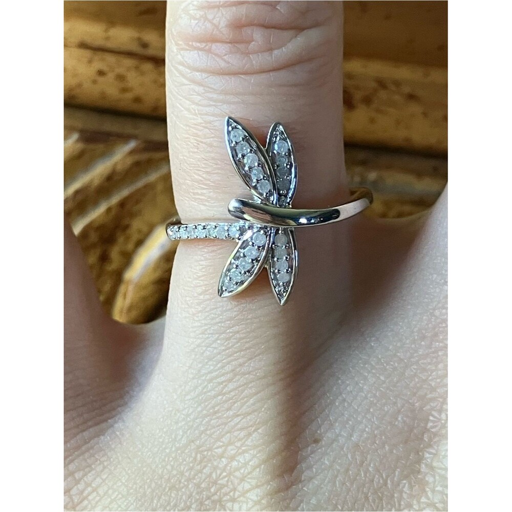 Natural White Diamond Sterling Silver Dragonfly Ring Size 6.75